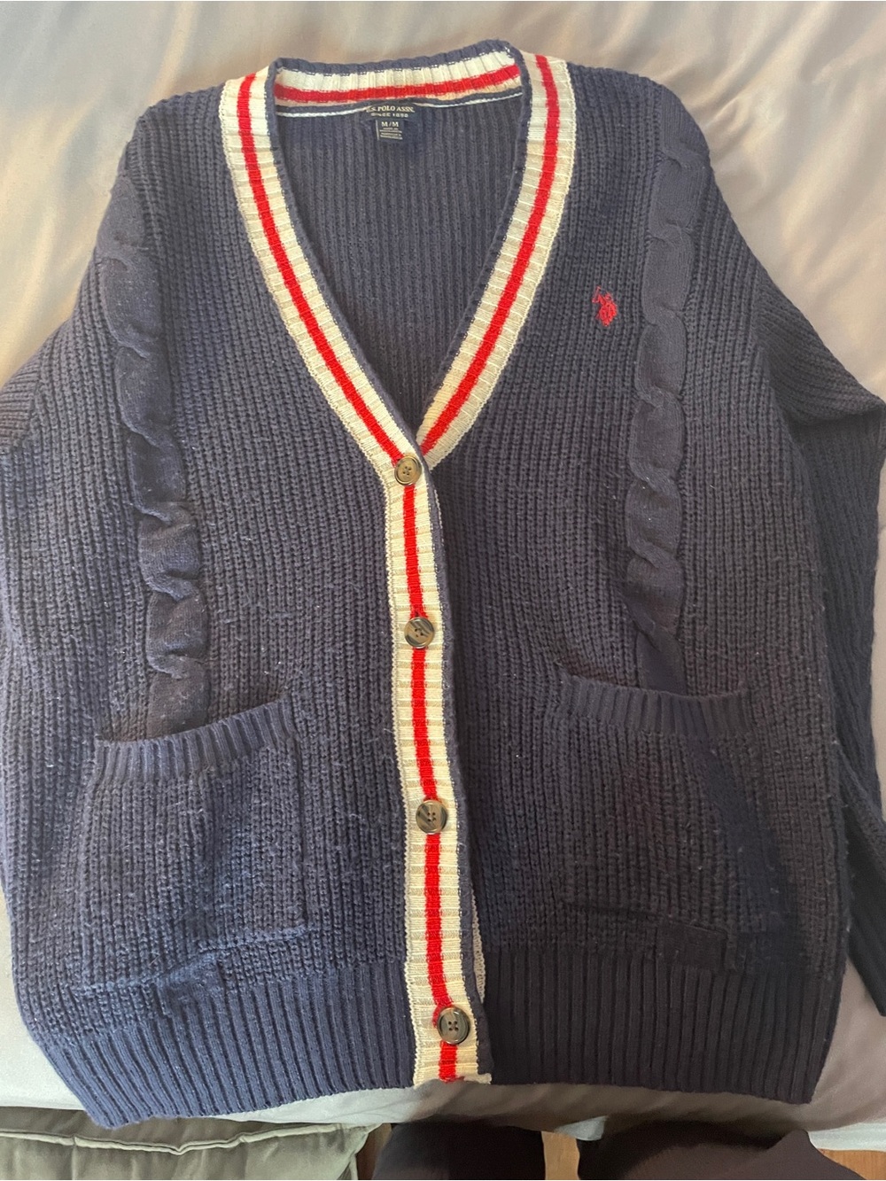 U.S. Polo Assn. Navy Cable-Knit Cardigan with Red & White Trim